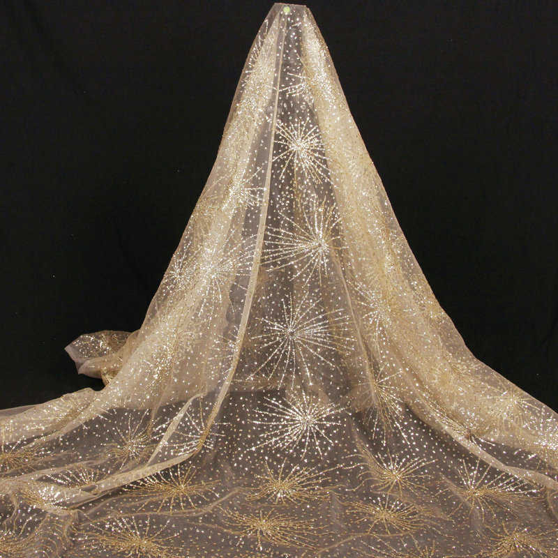 Embroidery Veil - Embellished Tulle Fabric Metallic Gold Floral